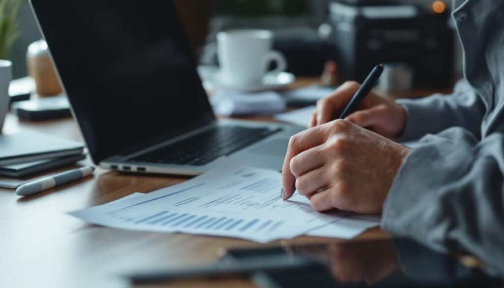 A photograph of a focused individual reviewing financial documents and a laptop