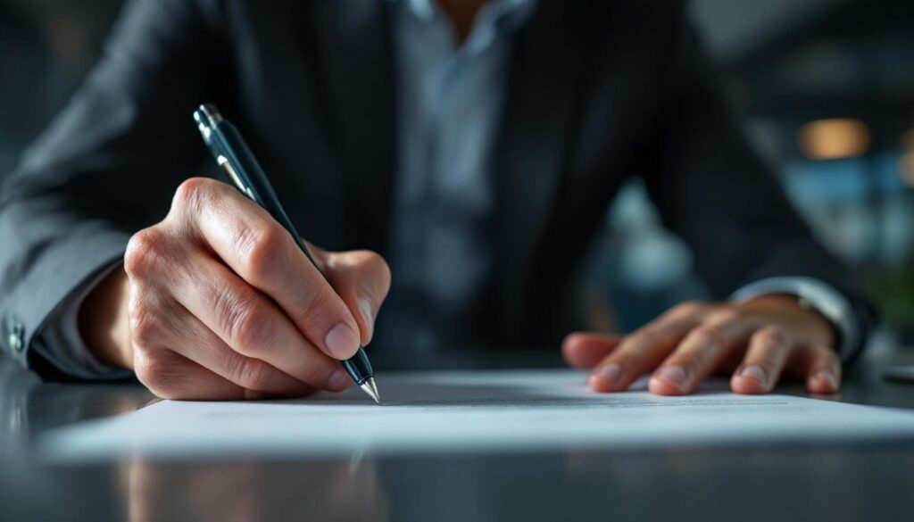 A photograph of a business professional confidently signing a document in a modern office setting