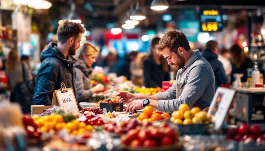 A photograph of a bustling norwegian marketplace with people engaging in transactions
