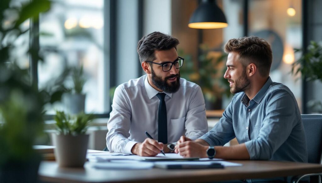 A photograph of a professional-looking office environment where a business owner is engaged in a discussion with a financial advisor or auditor
