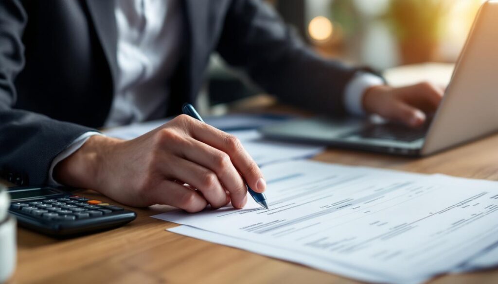 A photograph of a business professional reviewing invoices and documents at a desk