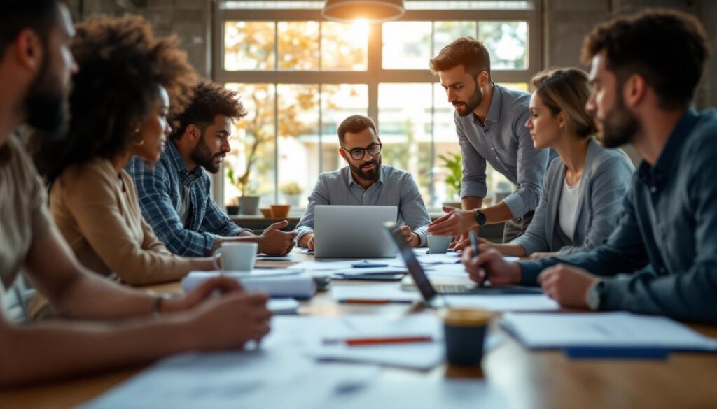 A photograph of a diverse group of business professionals engaged in a thoughtful discussion around a table