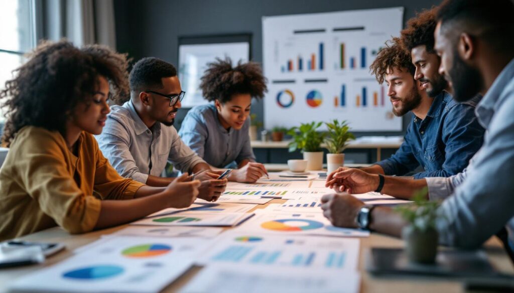 A photograph of a diverse group of professionals engaged in a dynamic discussion around a table filled with sustainability reports