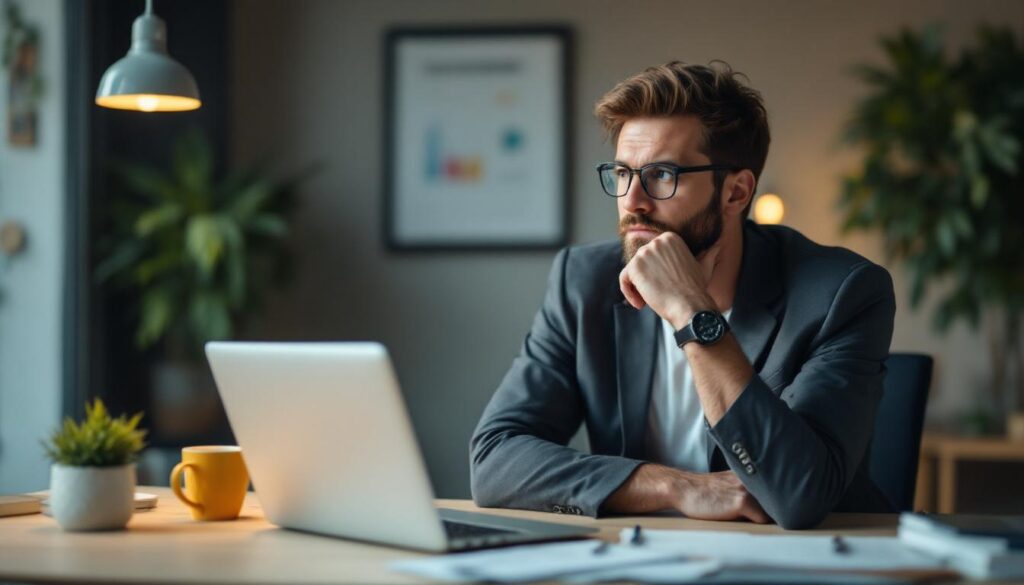 A photograph of a thoughtful entrepreneur in a modern workspace