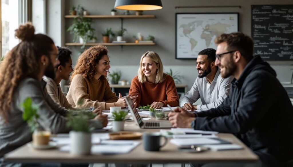 A photograph of a diverse group of professionals engaged in a collaborative meeting