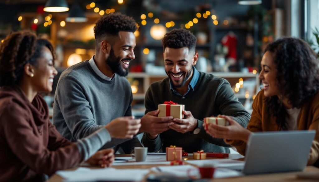 A photograph of a diverse group of employees joyfully exchanging gifts in a festive office setting
