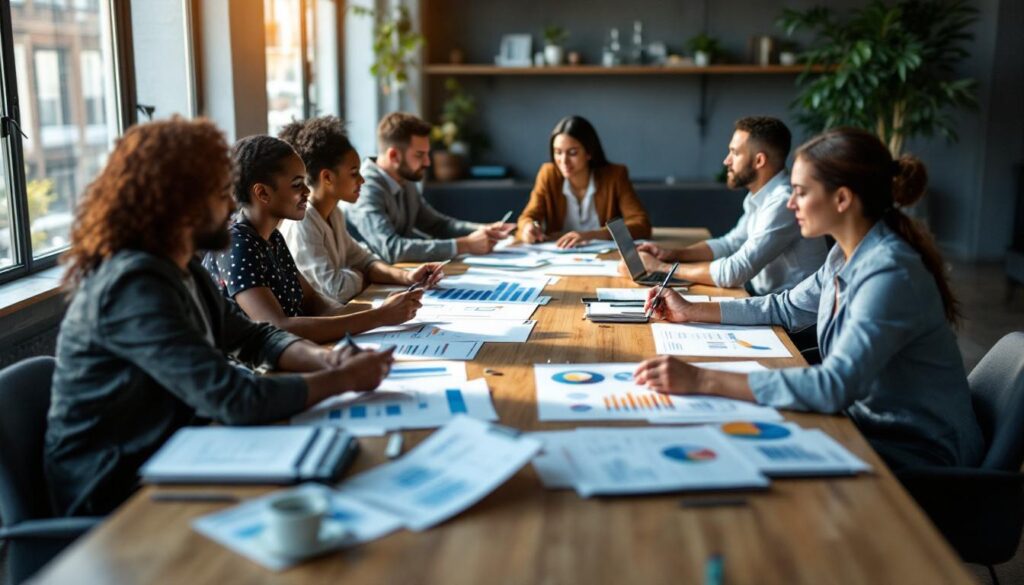 A photograph of a diverse group of professionals engaged in a strategic meeting around a conference table