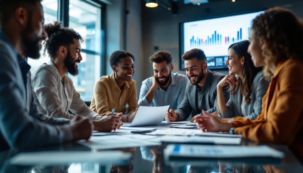 A photograph of a diverse group of professionals engaged in a collaborative meeting