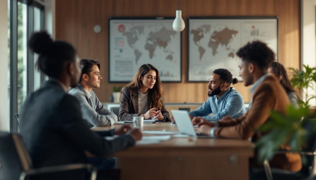 A photograph of a professional-looking meeting room setting with a diverse group of business people engaged in discussion