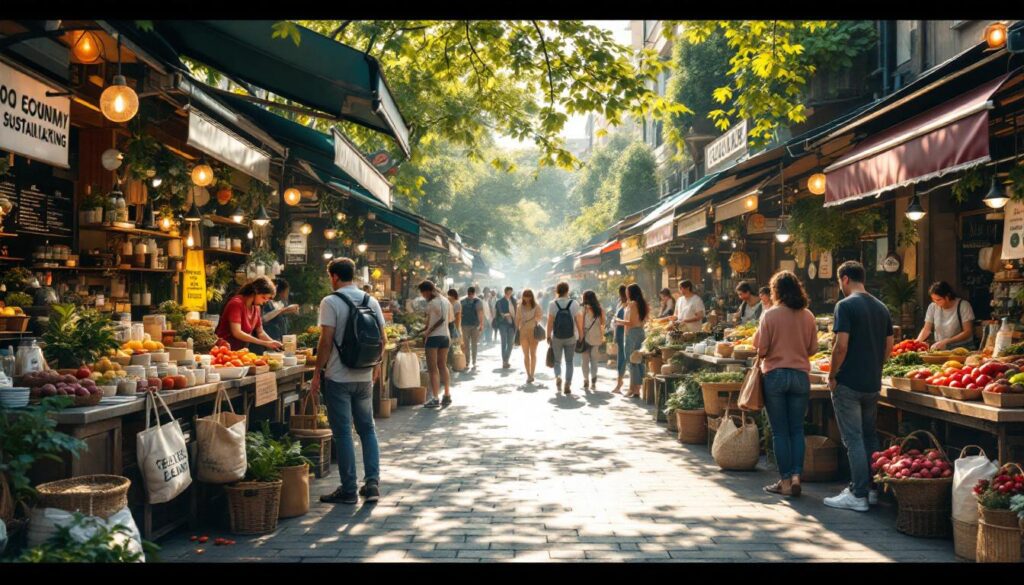 A photograph of a vibrant marketplace showcasing local vendors selling sustainable products