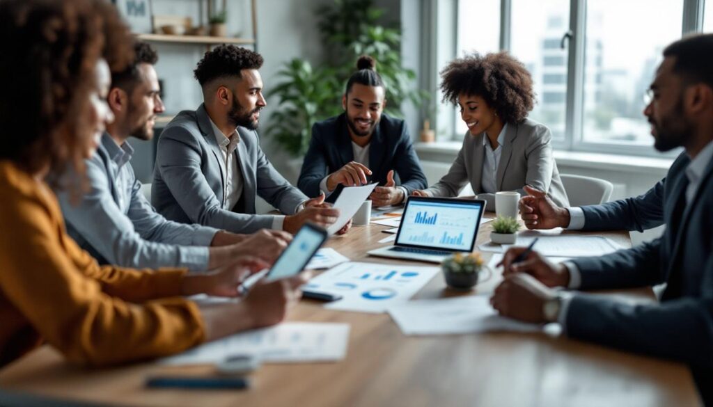 A photograph of a diverse group of business professionals engaged in a discussion around a table