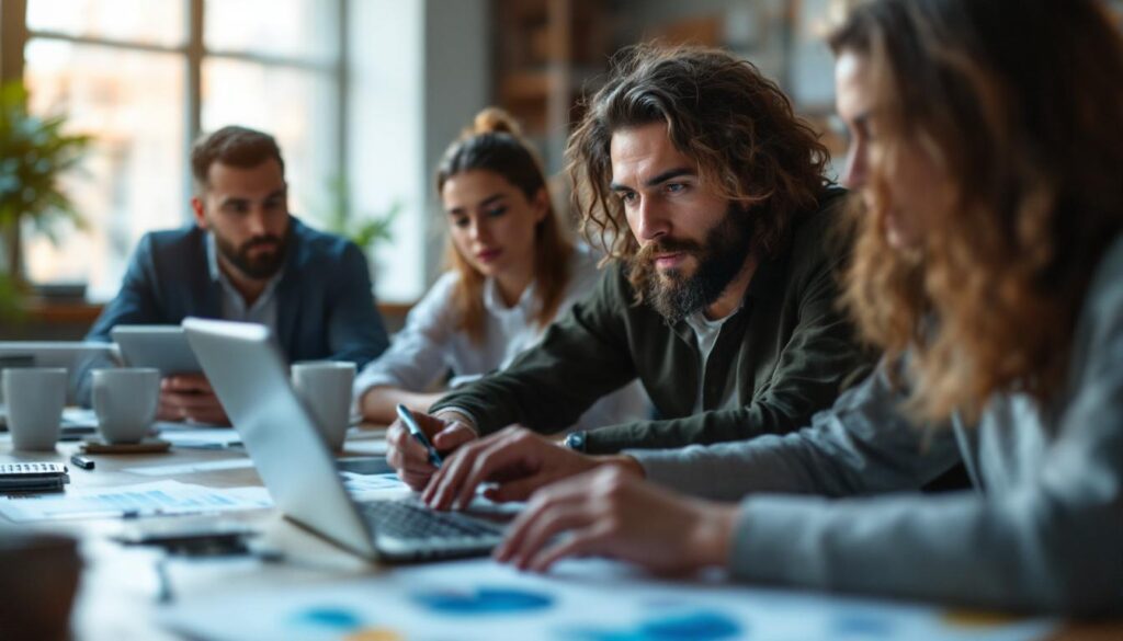 A photograph of a business team engaged in a collaborative meeting