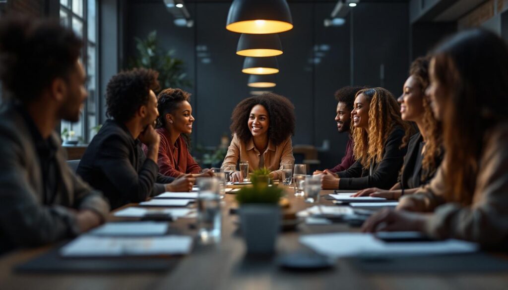 A photograph of a diverse group of professionals engaged in a dynamic discussion around a boardroom table