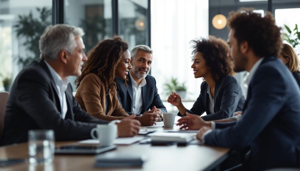 A photograph of a diverse group of professionals in a modern boardroom setting