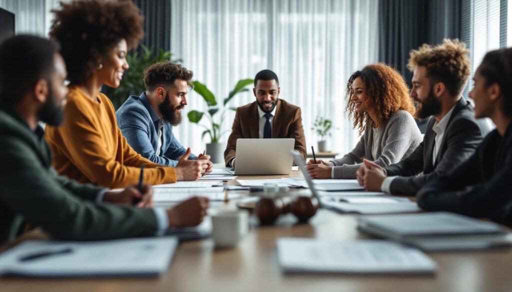 A photograph of a group of diverse business professionals engaged in a discussion around a conference table