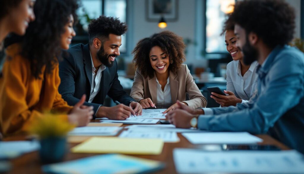 A photograph of a diverse group of professionals engaged in a collaborative discussion around a table