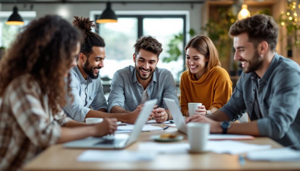 A photograph of a diverse group of enthusiastic entrepreneurs collaborating around a table