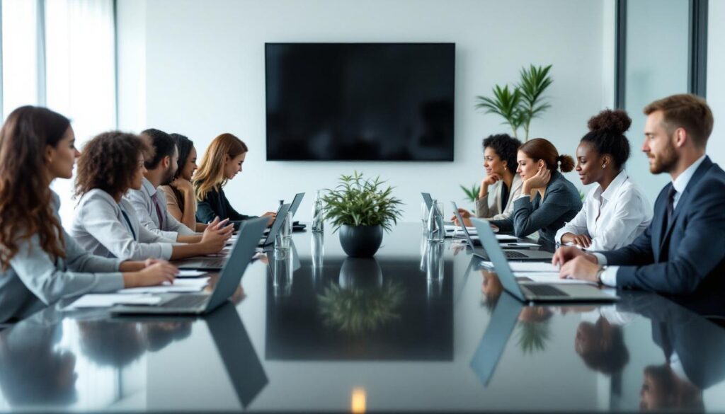 A photograph of a diverse group of professionals engaged in a formal board meeting