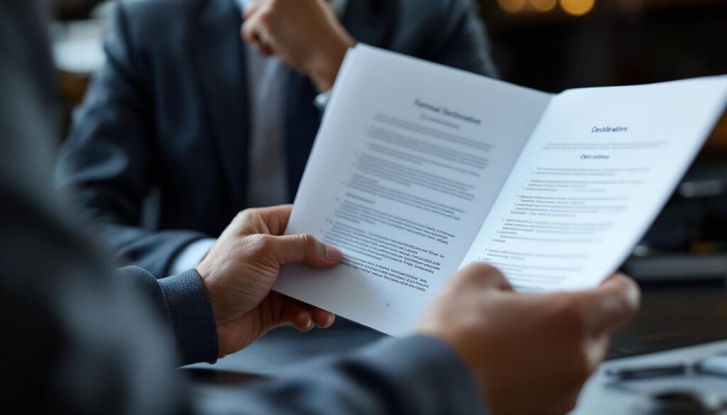 A photograph of a thoughtful person reviewing legal documents or a formal declaration in a professional setting