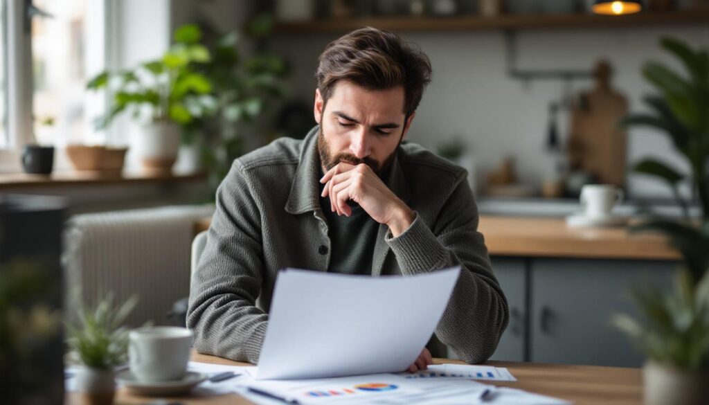A photograph of a thoughtful person reviewing financial documents or a laptop with charts and graphs