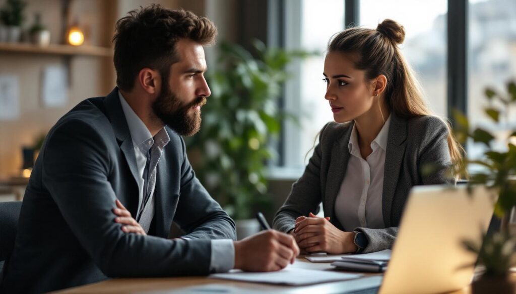 A photograph of a professional setting where an employer and an employee are engaged in a serious discussion