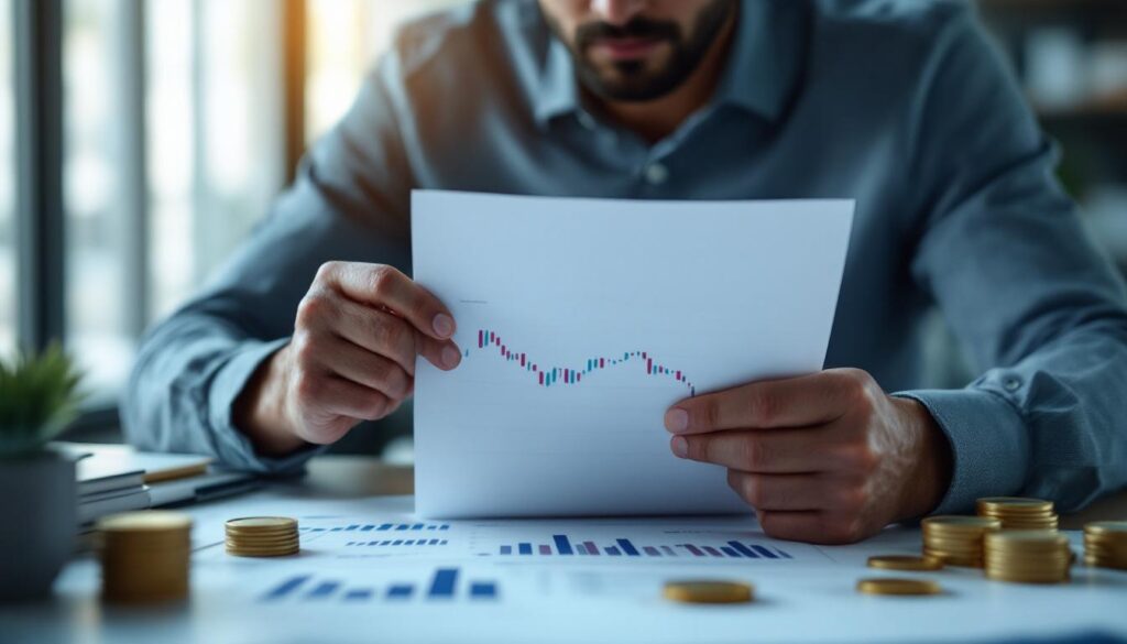 A photograph of a business professional thoughtfully analyzing financial documents and stock market charts