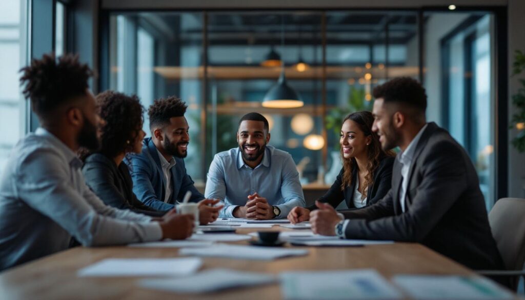 A photograph of a modern office environment with a diverse group of professionals engaged in a discussion around a conference table