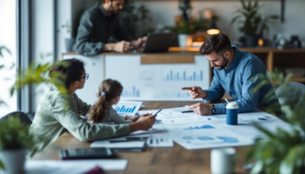 A photograph of a professional setting where a team is engaged in a discussion or analysis of intangible assets