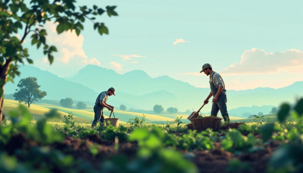 A photograph of a serene agricultural landscape featuring a farmer working in the fields