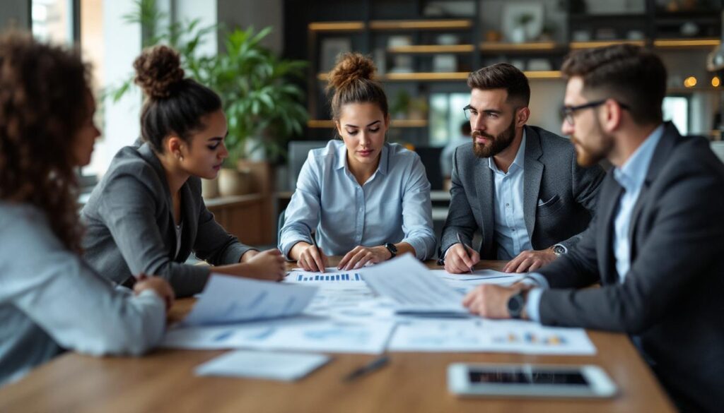 A photograph of a business meeting in a modern office setting
