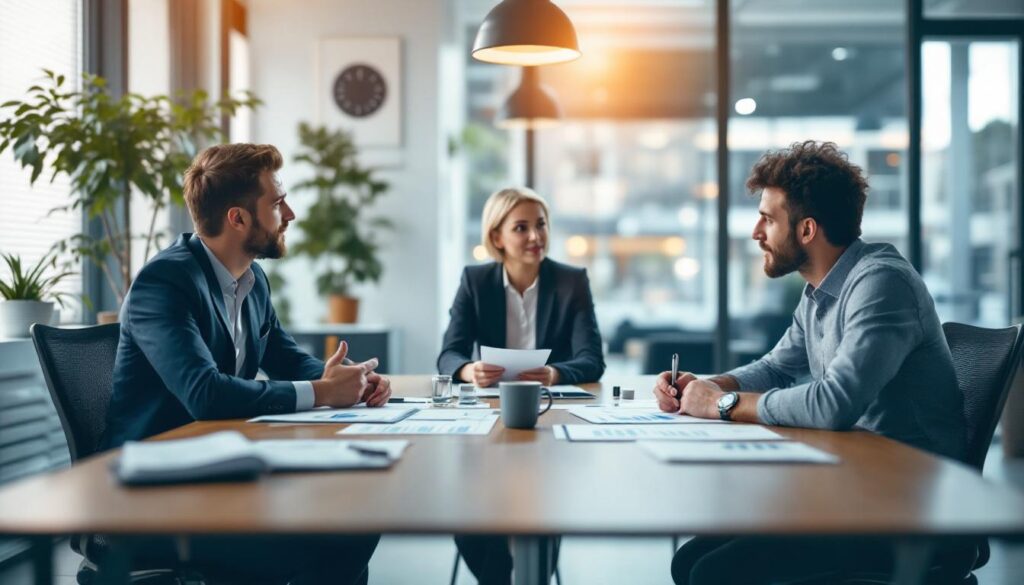A photograph of a business meeting where representatives from two companies are engaged in a discussion