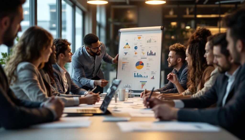 A photograph of a dynamic team meeting in a modern office setting