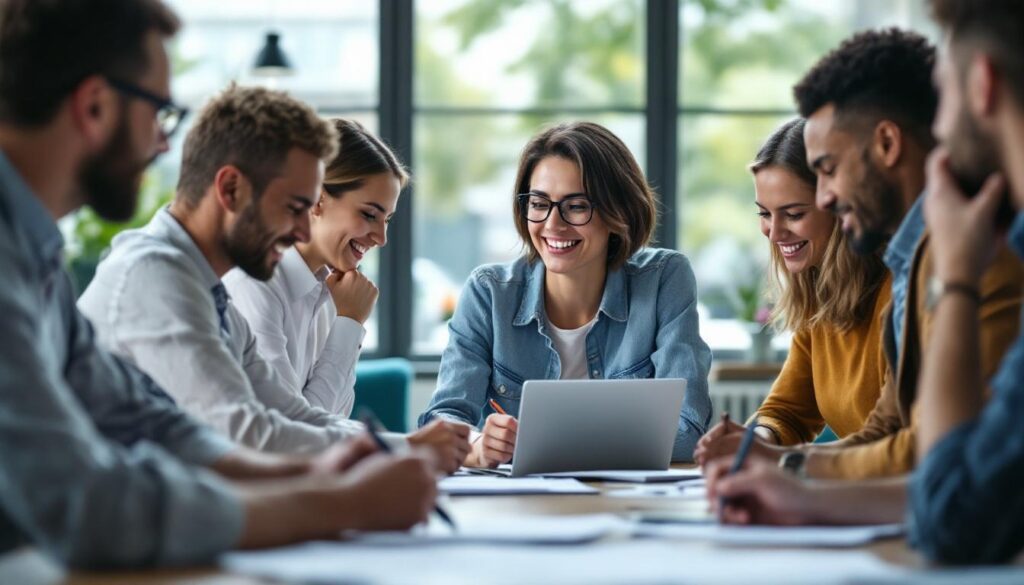 A photograph of a diverse group of business professionals engaged in a collaborative discussion around a table