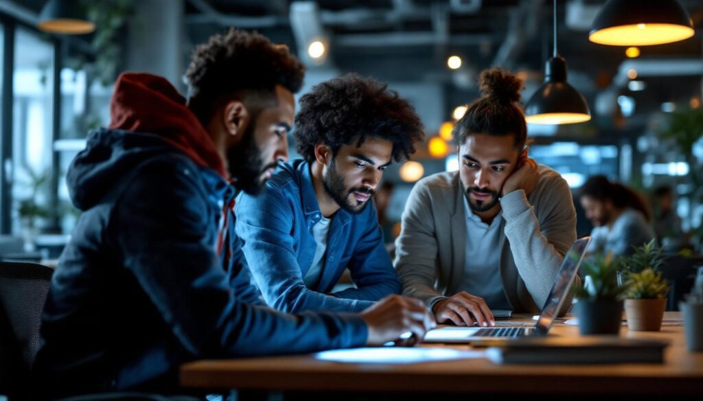 A photograph of a diverse group of professionals collaborating in a modern office space