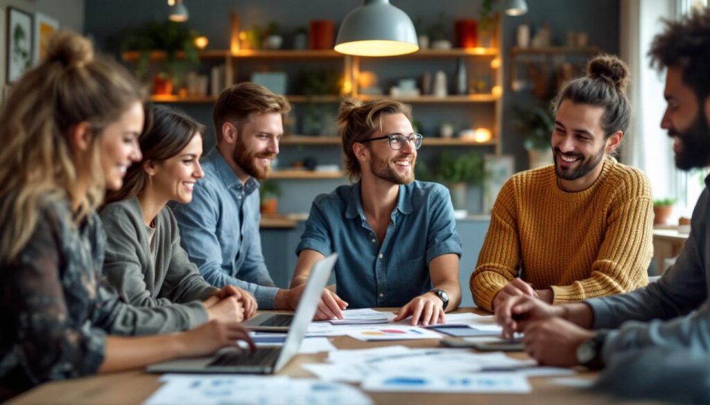 A photograph of a diverse group of people engaged in a collaborative discussion around a table