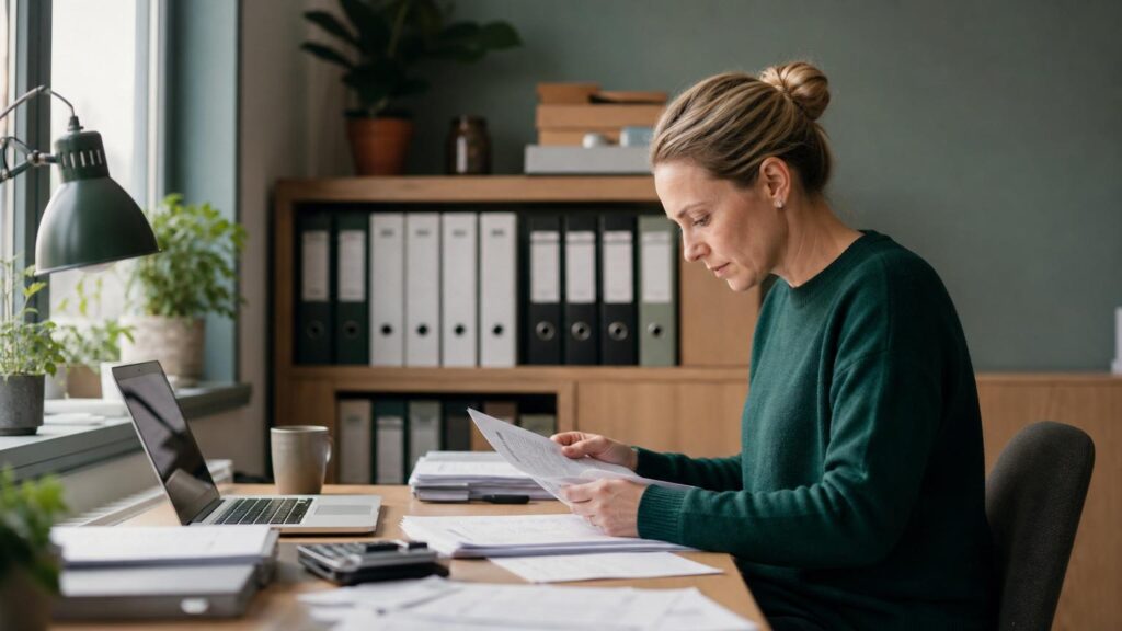 Woman in a green sweater reviewing paper documents at a desk with a laptop, calculator, and a bookshelf filled with ring binders.