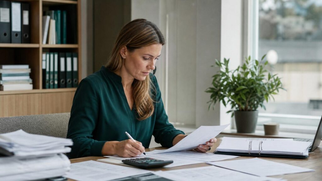 Woman in a green blouse reviewing financial documents and writing at a wooden desk with a calculator and binders in a bright office.