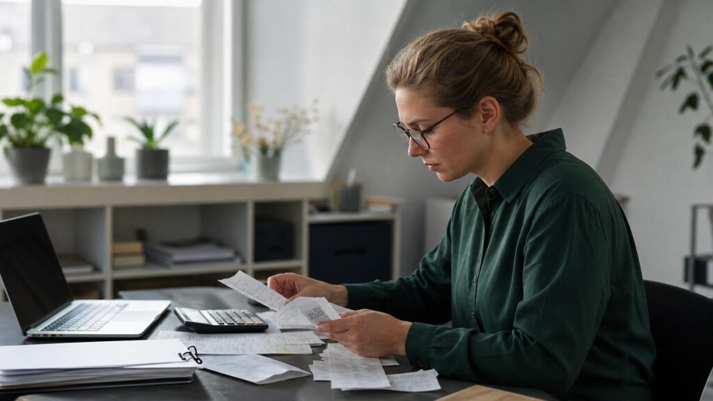 Woman in a green shirt and glasses reviewing paper receipts and invoices at a desk with a laptop and calculator.