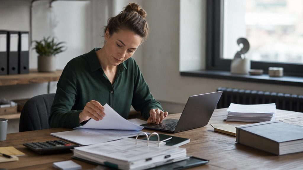 Woman in a green shirt reviewing financial documents and using a laptop at a wooden desk with a calculator and binders.