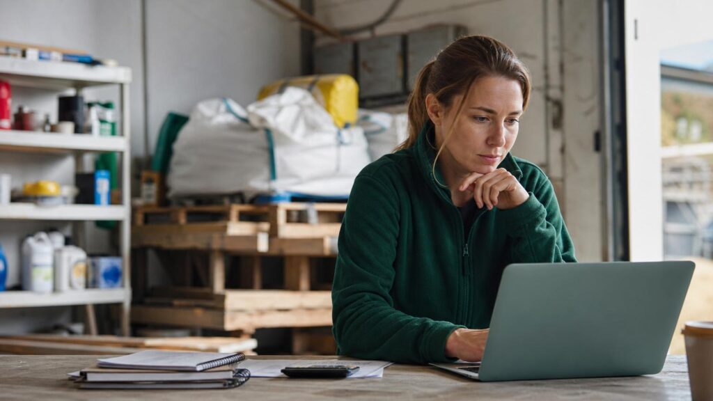 Woman in a green fleece jacket focused on a laptop in a warehouse setting with wooden pallets and industrial supplies in the background.
