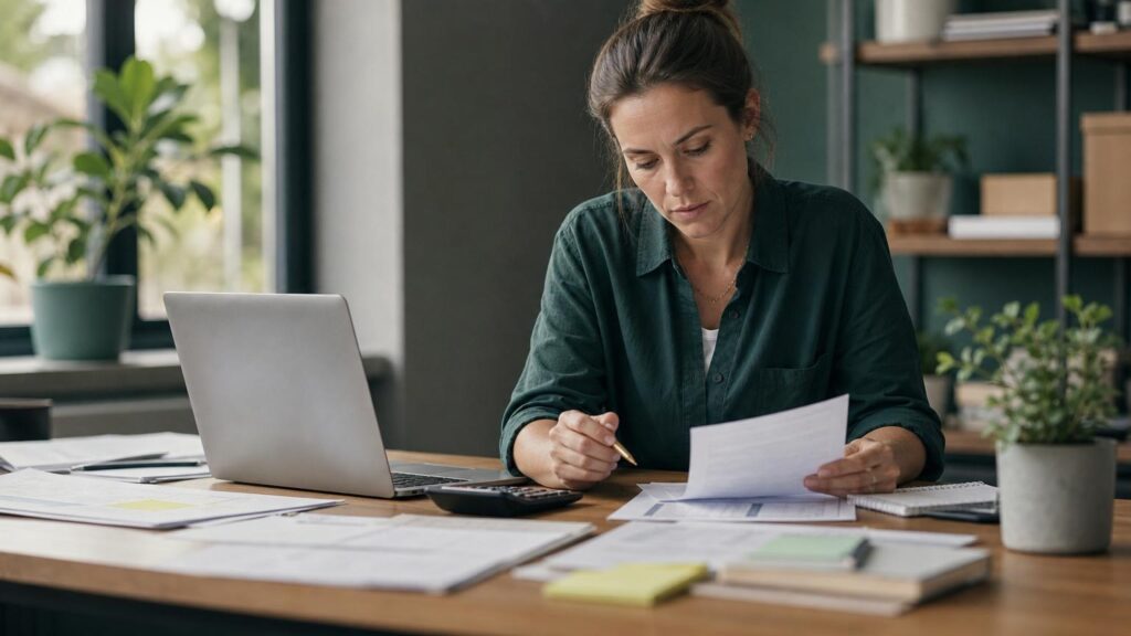 Woman in a green shirt reviewing financial documents at a wooden desk with a laptop, calculator, and scattered paperwork in a bright office.