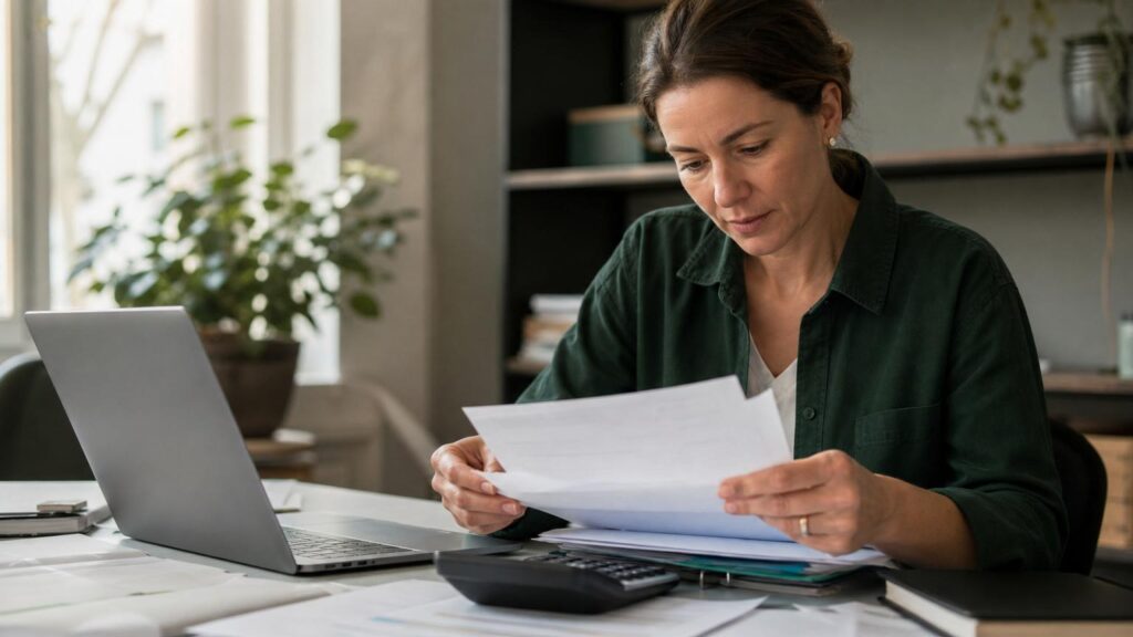 Woman in a green shirt reviewing financial documents at a desk with a laptop, calculator, and papers in a bright home office.