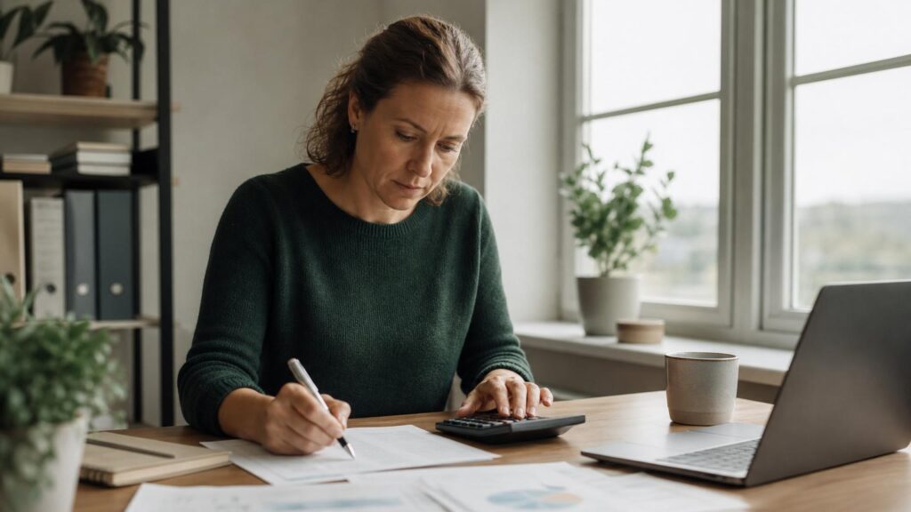 Focused woman at a wooden desk using a calculator and writing on financial documents in a bright home office.