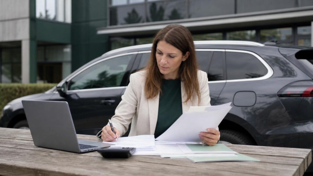 Businesswoman reviewing documents and using a calculator at an outdoor wooden table with a laptop and a dark SUV parked in the background.