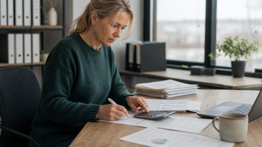 Blonde woman in a green sweater using a calculator and pen to review financial documents at a wooden office desk with a laptop.