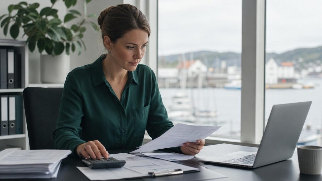 Focused woman in a green shirt reviewing financial documents and using a calculator at a bright office desk overlooking a harbor.