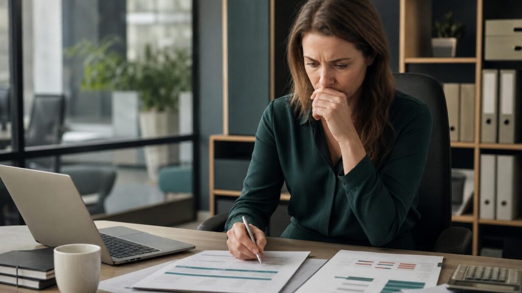 Concerned woman in a dark green shirt sitting at an office desk, reviewing financial documents and charts with a worried expression.