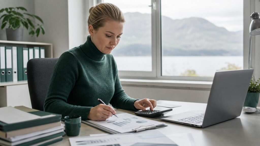 Woman in a green turtleneck using a calculator and writing on financial documents at a desk with a laptop and a scenic mountain view.