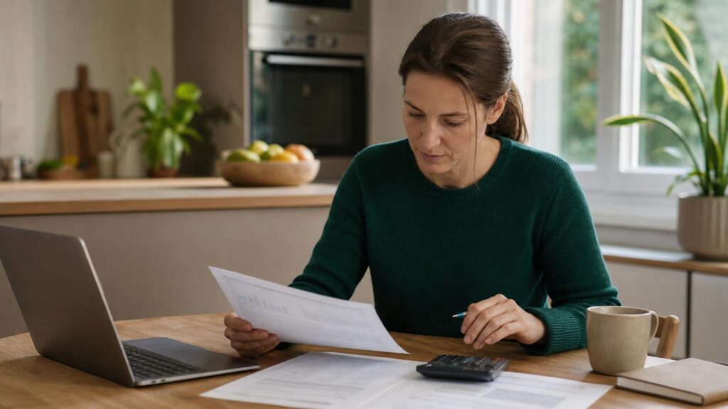 Woman in a green sweater reviewing financial documents with a calculator and laptop at a wooden kitchen table.