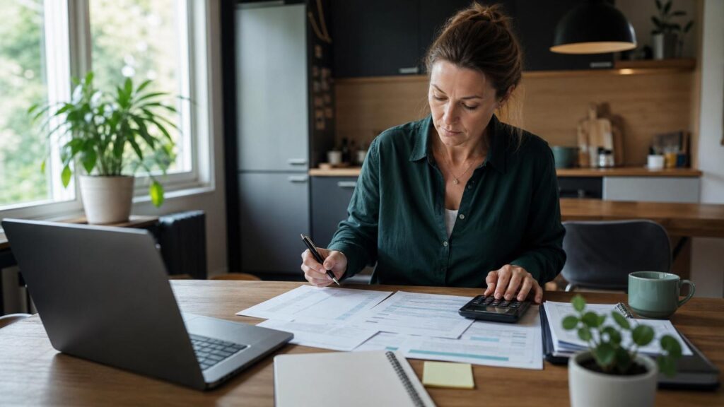 Woman in a green shirt sitting at a wooden table, using a calculator and pen to review financial documents and spreadsheets in a modern kitchen.